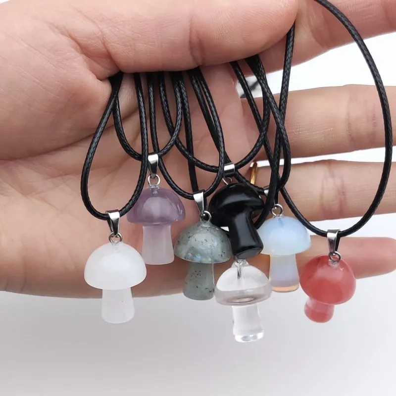 20mm Mushroom Statue Glass & Stone Carving Pendant Reiki Healing Polishing Rope Necklace For Women Jewelry Wholesale