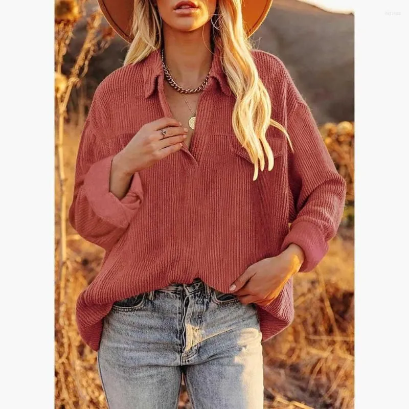 Women`s Blouses Autumn Women Corduroy Turn Down Collar Long Sleeve Loose Blouse Shirt Solid Ladies Tops S-3XL WDC9603