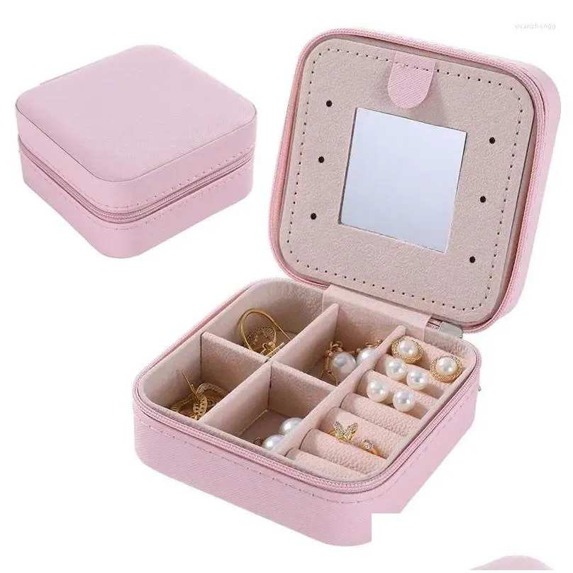 Storage Boxes Portable Jewelry Box Travel Ring With Mirror Necklace Earrings Stud Gift Packaging