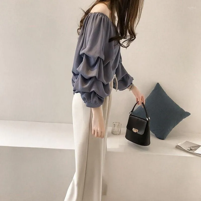 Women`s Blouses Women Blouse Summer Boat Neck Shoulder Chiffon Shirt Women`s Loose Bubble Top Blusas Mujer De Moda