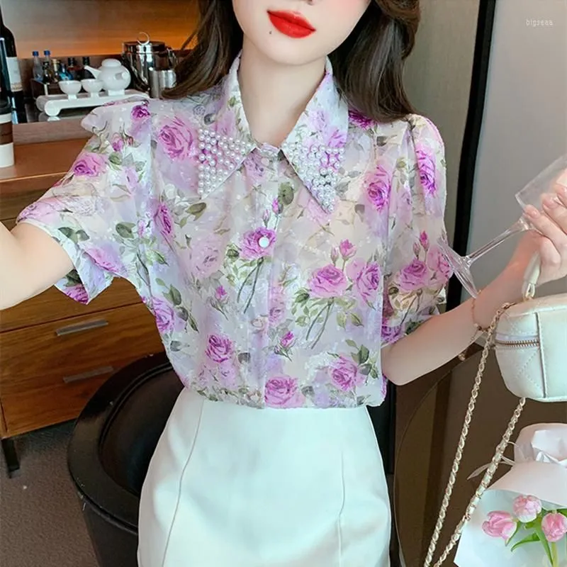 Women`s Blouses High Quality Pearls Lapel Collar Floral Chiffon Shirt Women Tops 2023 Puff Sleeve OL Elegant Blouse Blusas Camisas