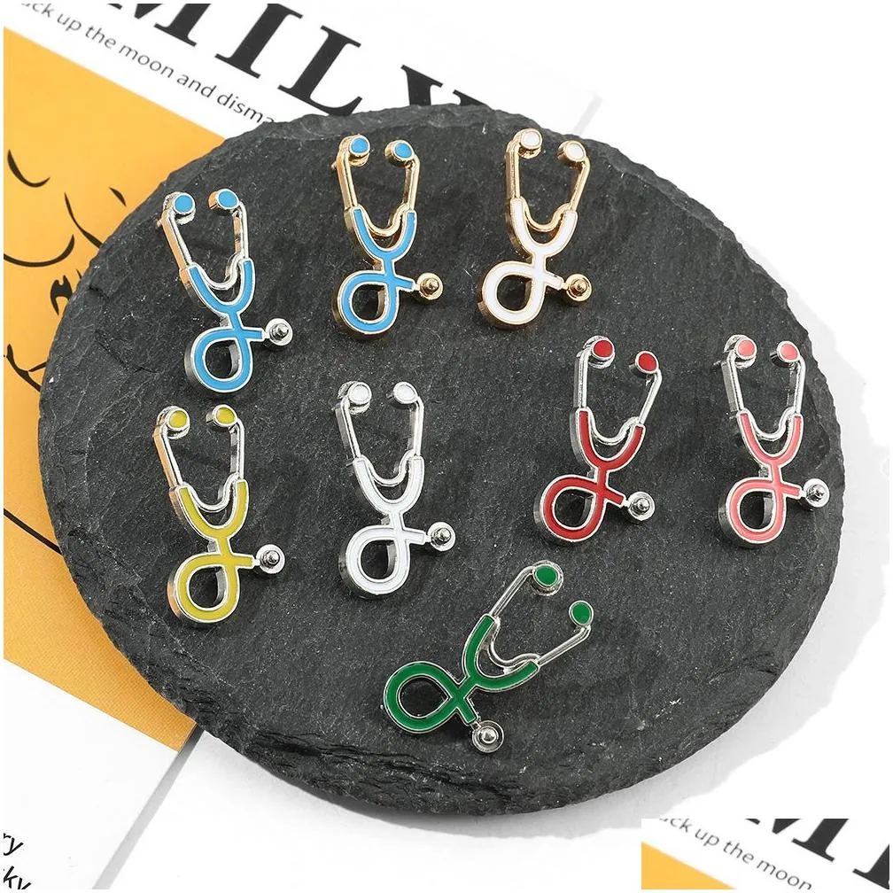 15 Colors Medical Care Stethoscope Brooches Alloy Dripping Oil Clothing Bags Pins Jewelry Accessories In Bulk