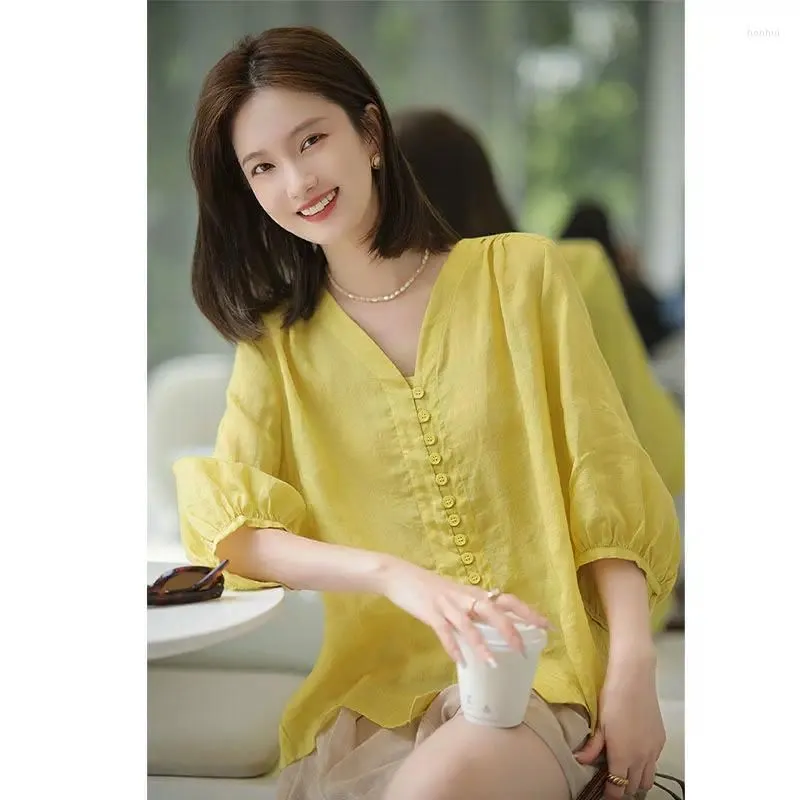 Women`s Blouses Fashion V-Neck Button Solid Color Puff Sleeve Clothing 2024 Spring Summer Loose Korean Tops Casual Shirts