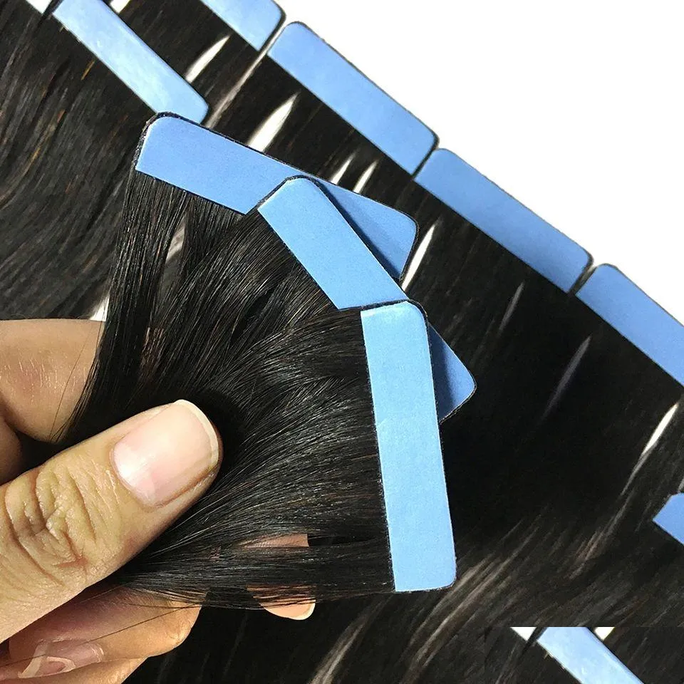 Extensions Tape In Human Hair Extensions #1 Black 100% Real Human Hair Skin Weft Adhesive Glue On For Salon High Quality