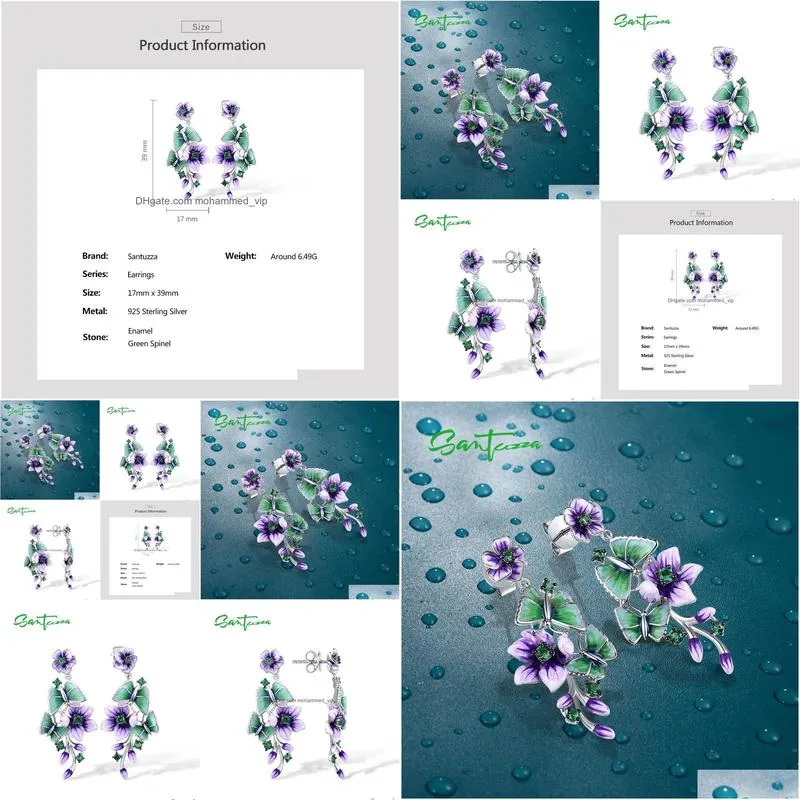 santuzza pure 925 sterling silver stud earrings for women purple flower butterfly green spinel fine jewelry handmade enamel 240127