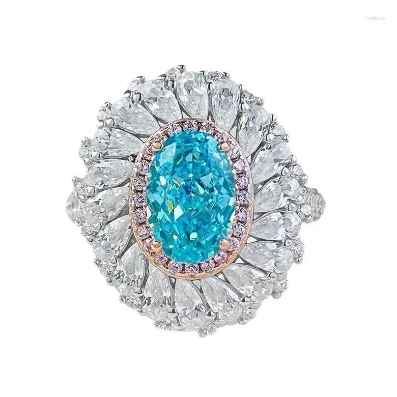 Cluster Rings S925 Silver Ring 6 9 Blue Zircon Inlaid Women`s Design Sense European And American Fashion