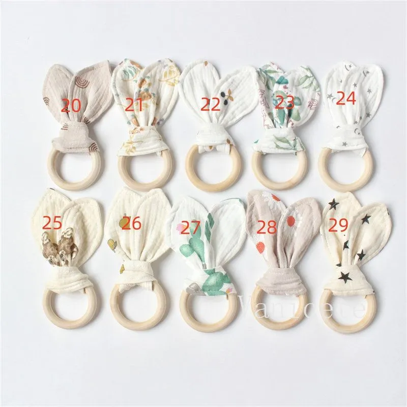 Party Favor 29 colors Bunny Ear Teether Fabric Wooden Teething Ring With Crinkle Material Shower Gift T9I002298