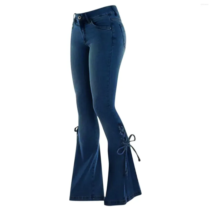 Women`s Jeans Mid Waist Stretch Flare Women Denim Pants Wide Leg Butt-lifted Casual Korean Style Skinny Bell Bottom Pocket Trousers