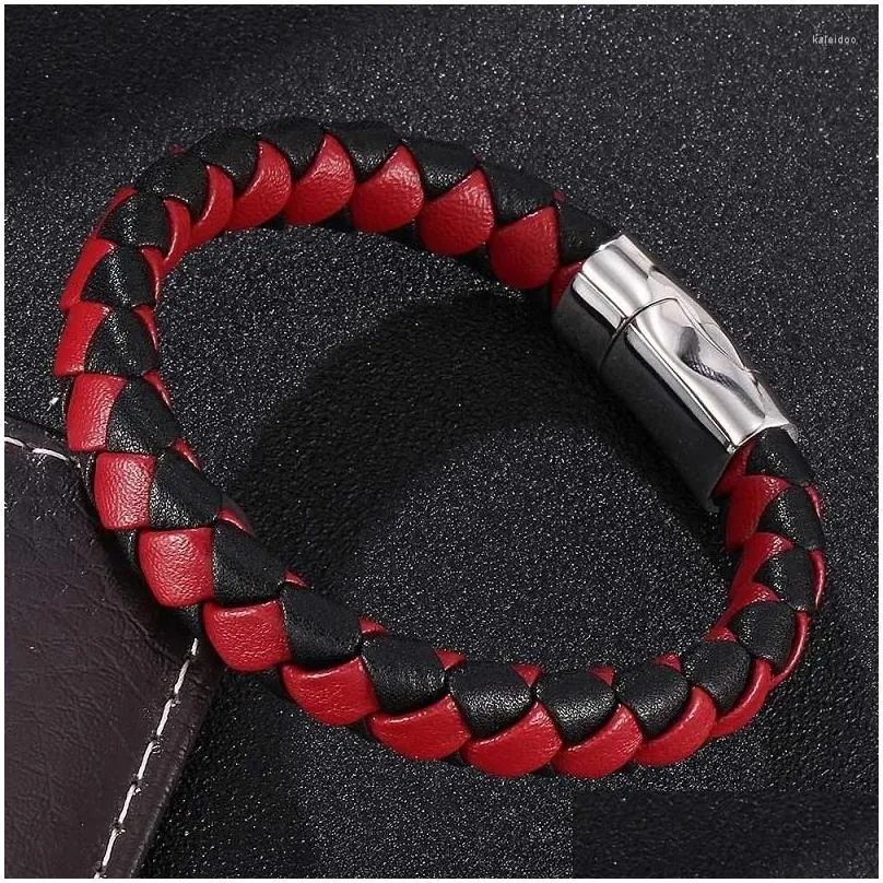 Charm Bracelets Fashion Black Red Braided Leather Bracelet Men Handmade Rope Wrap & Bangles Male Jewelry Gifts Drop