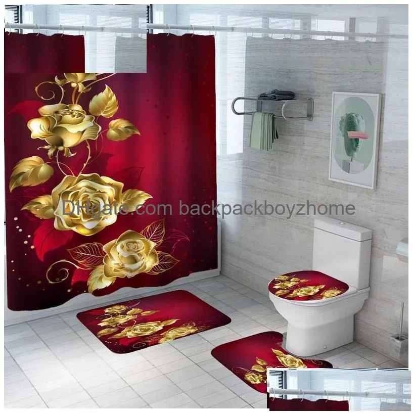 Shower Curtains Shiny Blue Golden Rose Waterproof Curtain Set Toilet Er Mat Nonslip Bath Rugs Bathroom Valentines Day Christmas Drop D Dhr2Y