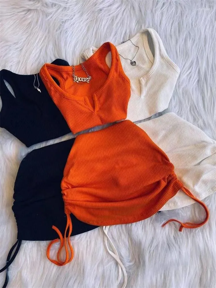Work Dresses Tops Mini Skirt Matching Orange Drawstring Black Skirts Dress Suits 2023 Streetwear Knit 2 Two Piece Sets Crop