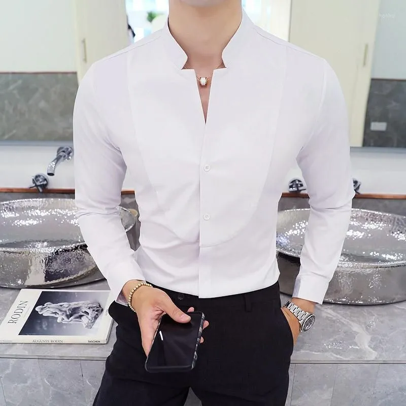 Men`s Casual Shirts 2022 Autumn Men`s Stand Collar Shirt Masculina Boutique Long-Sleeved Slim Solid Color Business Dress