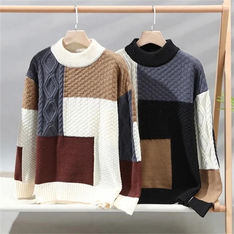 Men`s Sweaters Spring Autumn Casual O-neck Pullover Knitted Vintage Male Loose Patchwork Sweater