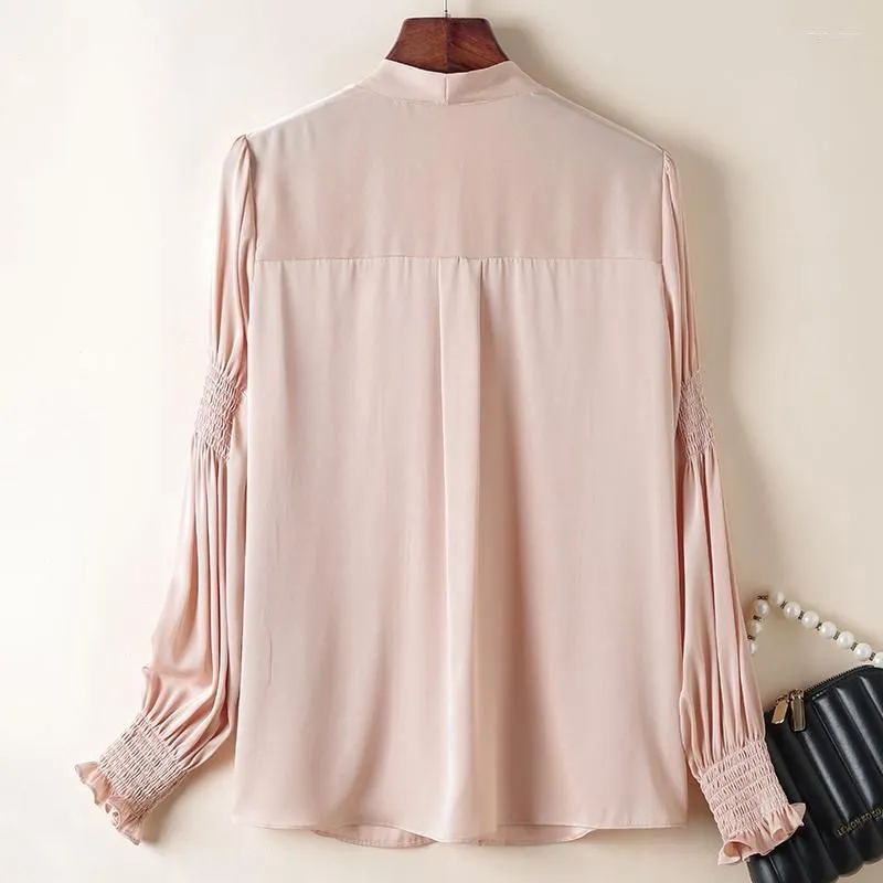 Womens Blouses Shirts Real Silk Pink Shirt Elegant V-Neck Long Sleeve Vintage For Women Loose Tops Spring Summer Woman Blouse Drop Del