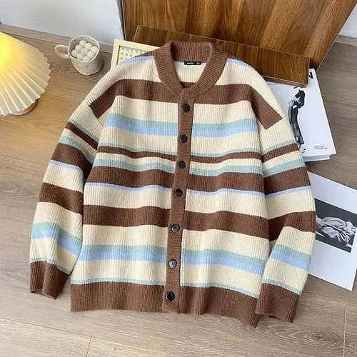 Mens Sweaters Autumn Winter Striped Couple Retro Causal Loose High Street Thickened Cardigan Jackets Men Overcoat Male Clothes Drop De