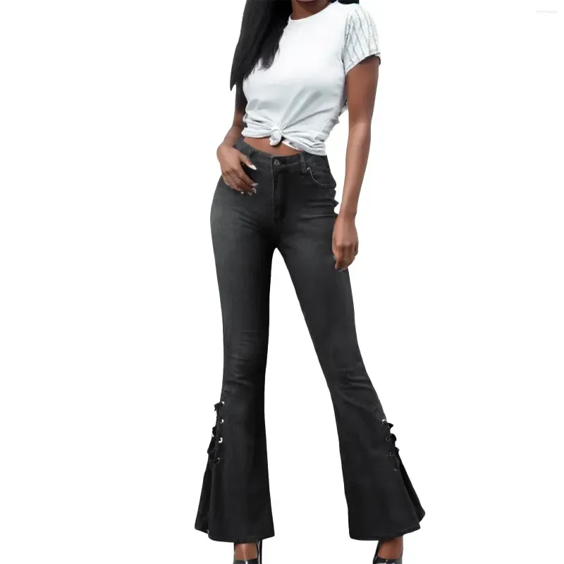 Women`s Jeans Mid Waist Stretch Flare Women Denim Pants Wide Leg Butt-lifted Casual Korean Style Skinny Bell Bottom Pocket Trousers