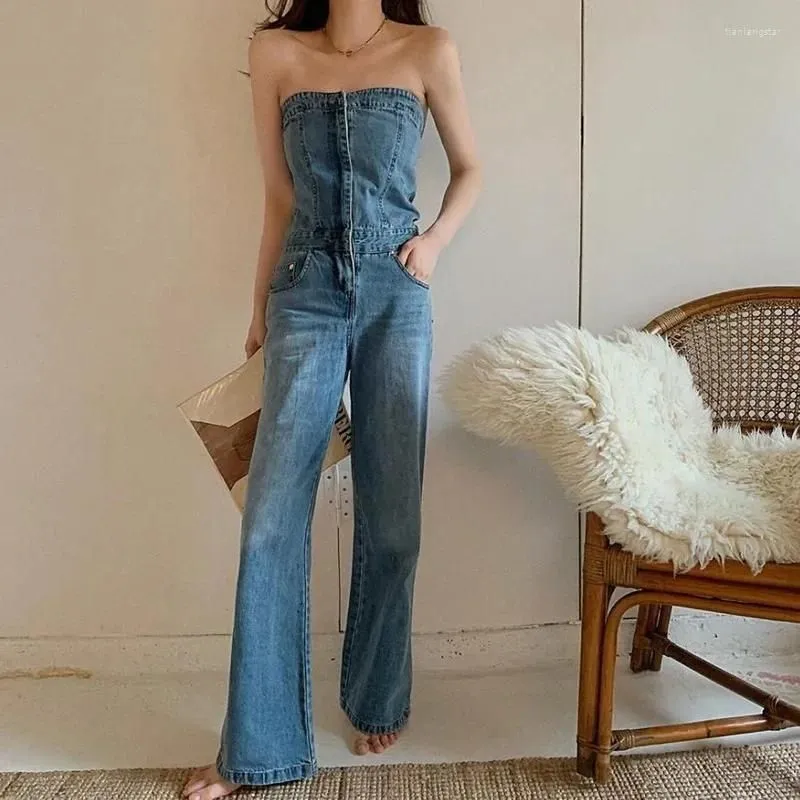 Women`s Jeans Blue Elegant Strapless Sleeveless Full Length Backless Tube Top Denim Jumpsuit High Waist Wide Leg Overalls