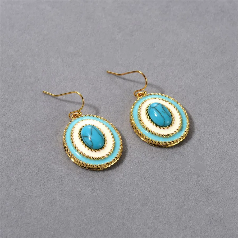 French Vintage Oval Enamel Turquoise Earrings for Women Unique Charm Jewelry Of High End Natural Stone