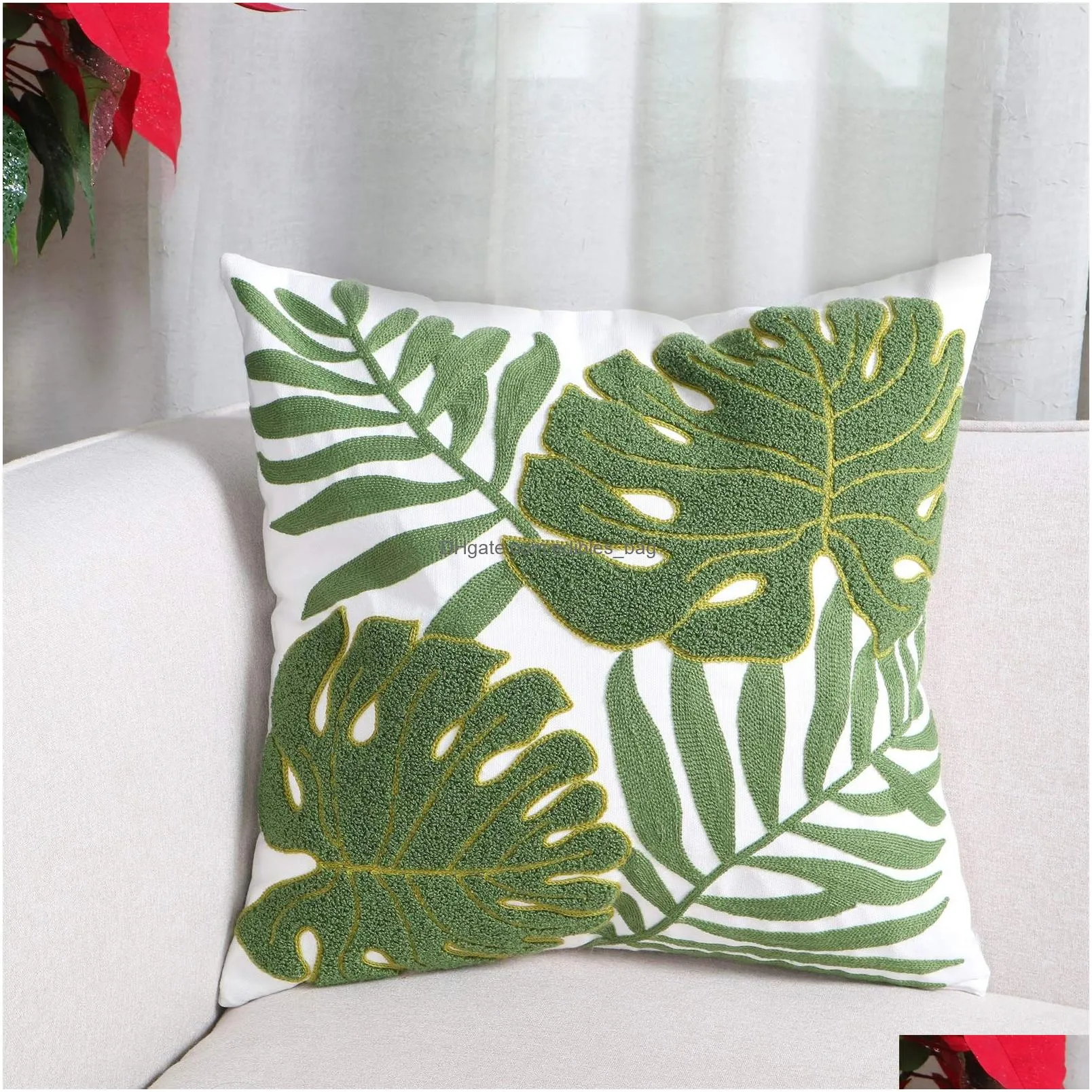 embroidery throw pillow covers 18x18 inch home decor tropical leaf palm pattern pillow cover for couch 100% cotton canvas cushion cover plant monstera leaf