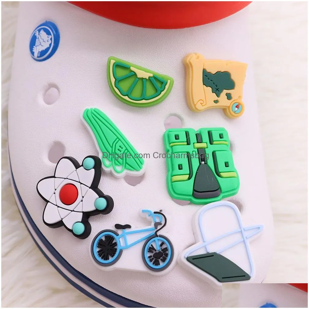 Shoe Parts & Accessories Moq 20Pcs Pvc Cartoon Save The Environment Lucky Tree Map Bicycle Chair Four Leaf Clover Flower Charms Buckle Dhkle