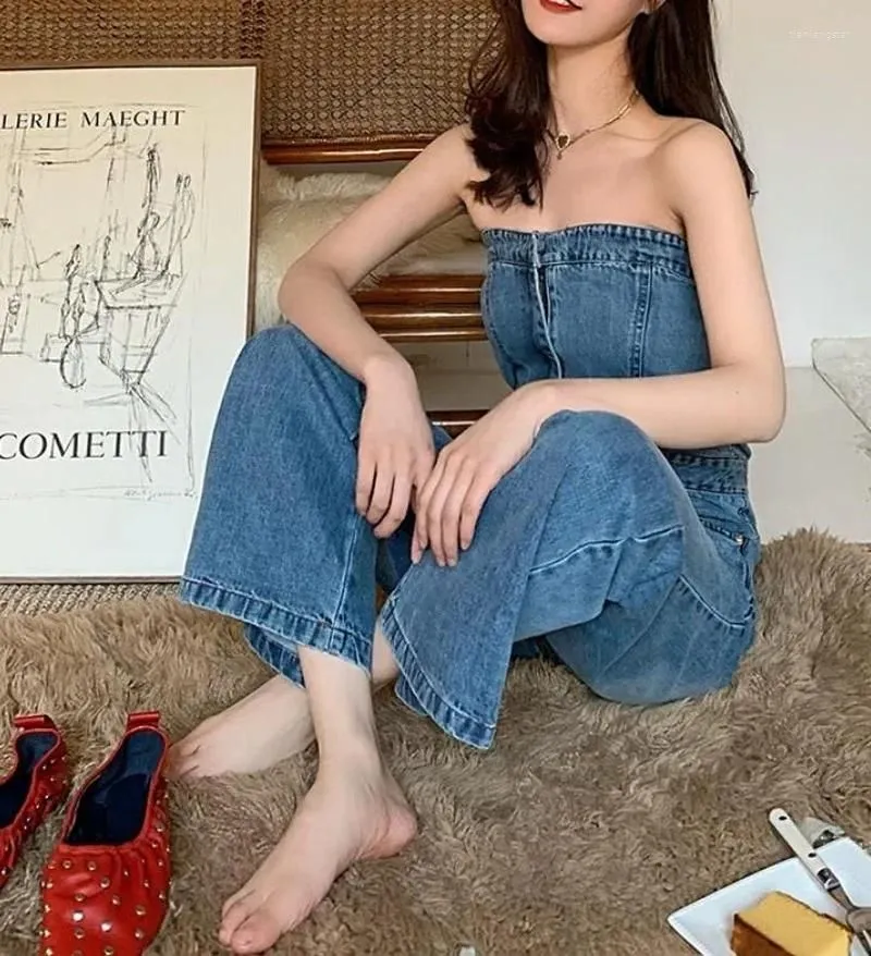 Women`s Jeans Blue Elegant Strapless Sleeveless Full Length Backless Tube Top Denim Jumpsuit High Waist Wide Leg Overalls