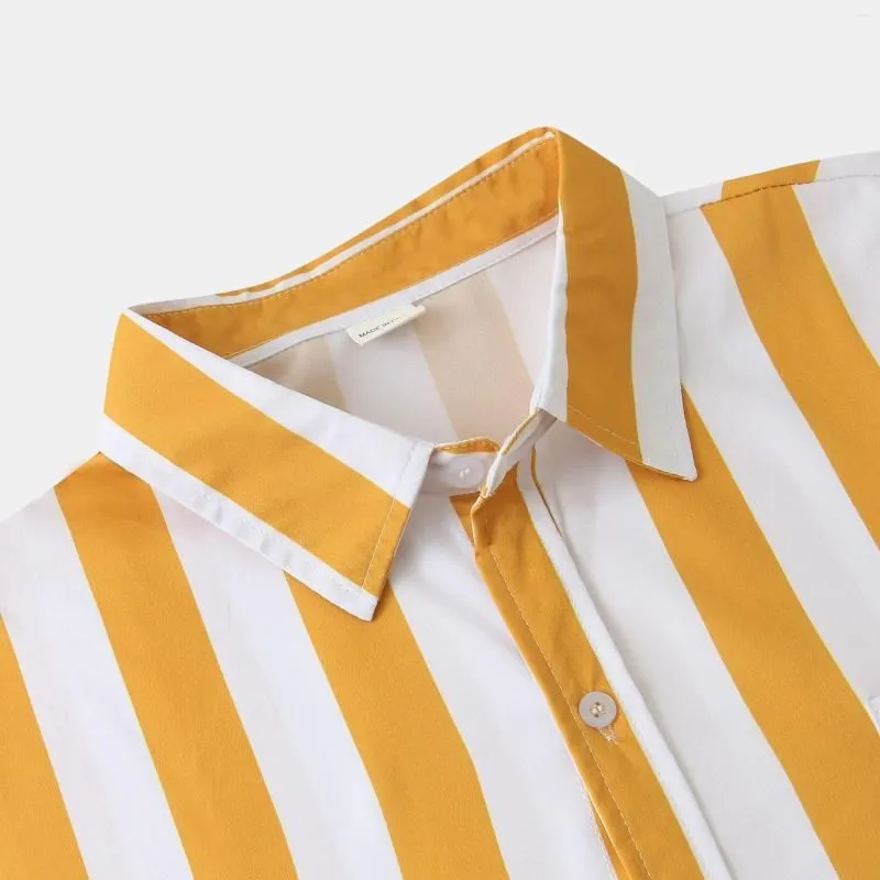 Men`s Casual Shirts Yellow Vertical Striped Shirt Men 2023 Brand Regular-Fit Long Sleeve Mens Elastic Button Up For Male 2XL