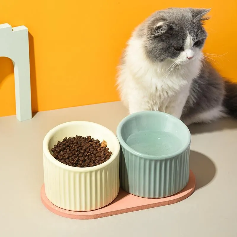 Feeding Ceramic Cat Water Bowl Striped Small Dogs Food Feeders Elevated Pet Drinking Eating Feeding Bowls