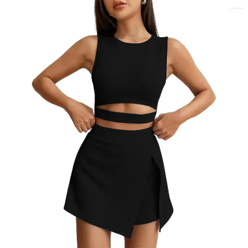 Work Dresses European And American Women`s Exposed Navel Slim Fitting Sleeveless Knit Vest High Waisted Elastic Skirt Pants Fashion