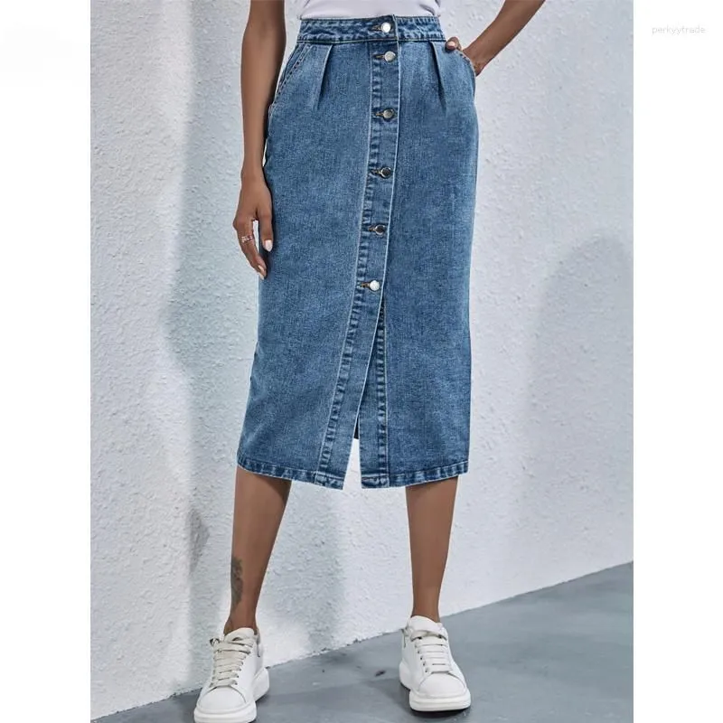 Skirts Europe And America Single Breasted Knee Length Denim Skirt Women Streetwear Casual Pocket High Waist Straight Jeans
