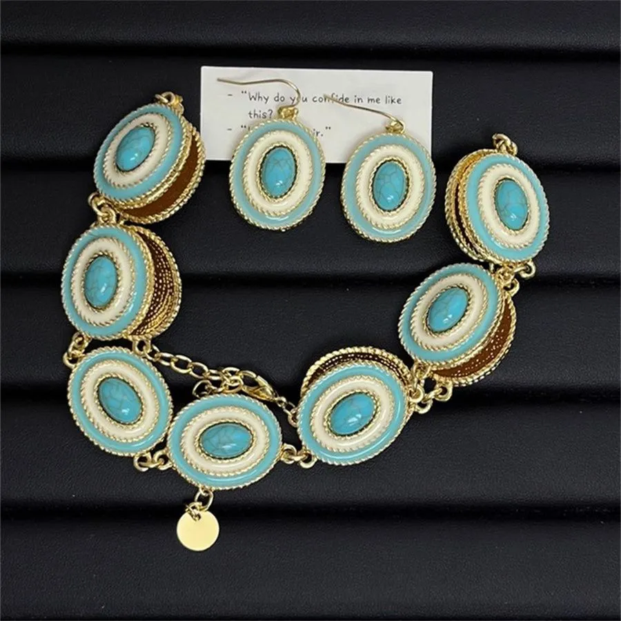French Vintage Oval Enamel Turquoise Earrings for Women Unique Charm Jewelry Of High End Natural Stone