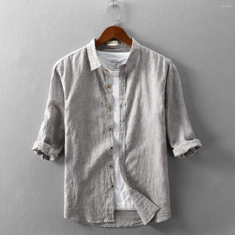 Men`s Casual Shirts 2023 Cotton Linen Shirt Half Sleeve Blouse Top Botton Pinstripe Plue Size 4XL Comfortable Handsome Men S