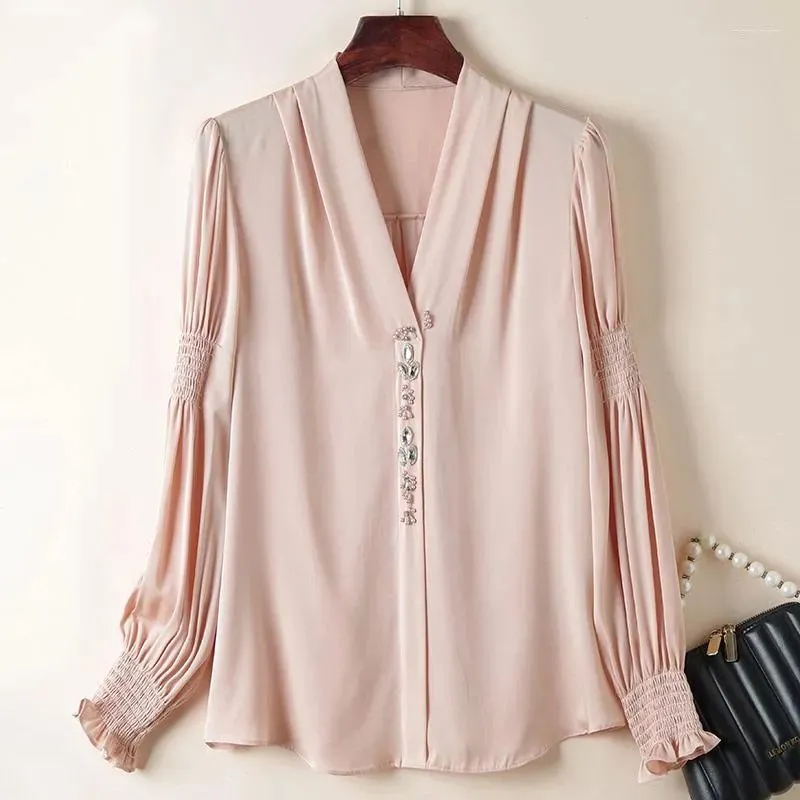 Womens Blouses Shirts Real Silk Pink Shirt Elegant V-Neck Long Sleeve Vintage For Women Loose Tops Spring Summer Woman Blouse Drop Del