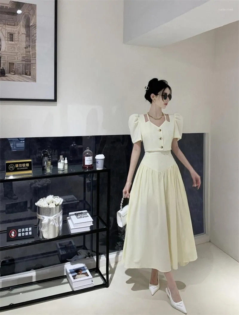 Work Dresses Summer Sweet Girl French Style Suit Women`s Bubble Sleeve Top High Waist A-line Long Skirt Two-piece Set Fashion Female