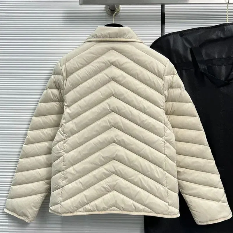 2024 Autumn/Winter New Women`s White Duck Down Filling Horizontal Pattern Fashion Simple Loose Women`s Down jacket
