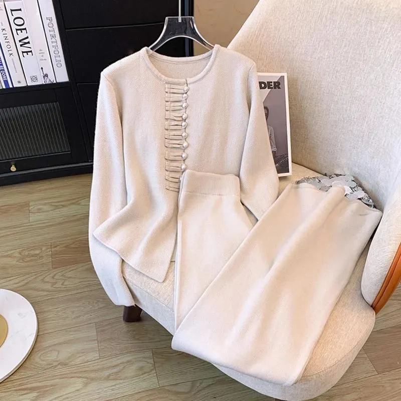 Women`s Two Piece Pants Suit Knitted 2 Pieces Set Tracksuits Women Autumn Personal Button Casual O-neck Loose Sweater Wide Leg Suits