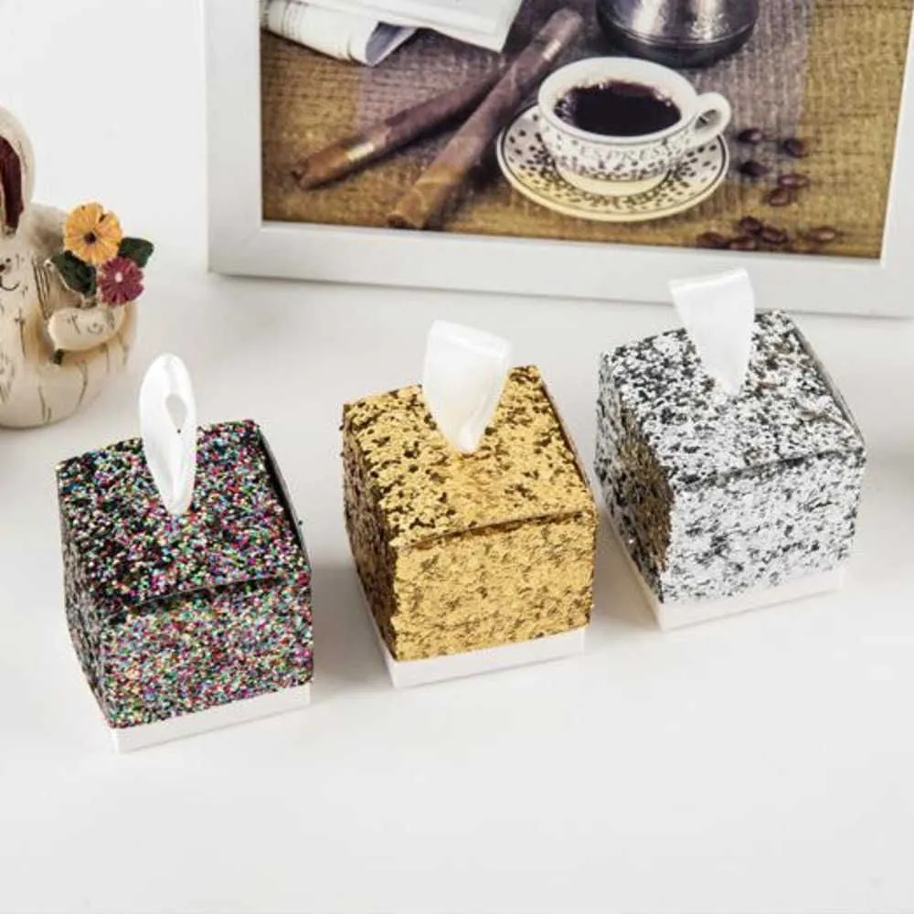 Golden Silver Glitter Gift Candy Box Birthday Party Wedding Papercard Bling Favor Boxes With White Ribbon 5X5cm