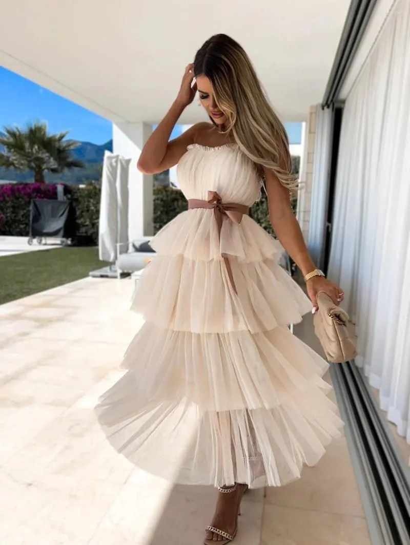 Casual Dresses White Women Party Long Dress 2023 In Tulle Off-Shoulder Lace-up Maxi Ladies Elegant Summer Streetwear Pleated