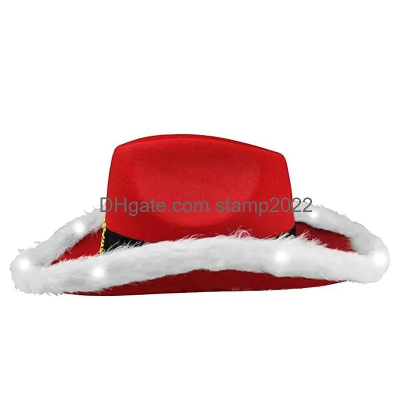 10pcs santa claus  hat glow white ruffled western  hat glitter feather edge christmas felt led flash cap