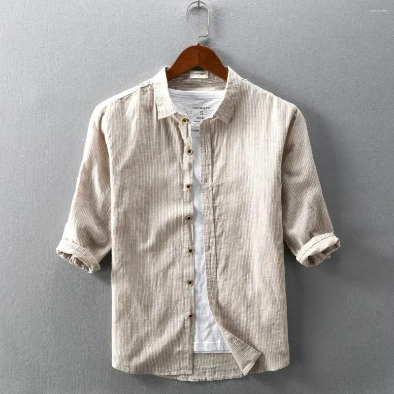 Men`s Casual Shirts 2023 Cotton Linen Shirt Half Sleeve Blouse Top Botton Pinstripe Plue Size 4XL Comfortable Handsome Men S