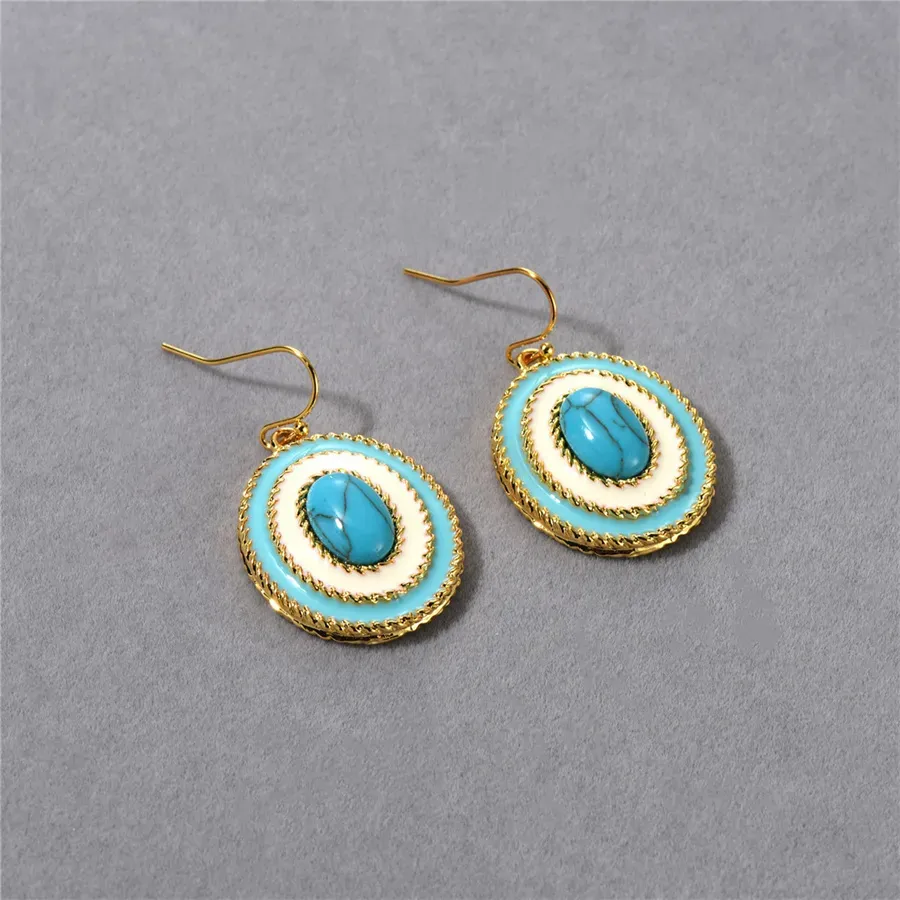 French Vintage Oval Enamel Turquoise Earrings for Women Unique Charm Jewelry Of High End Natural Stone