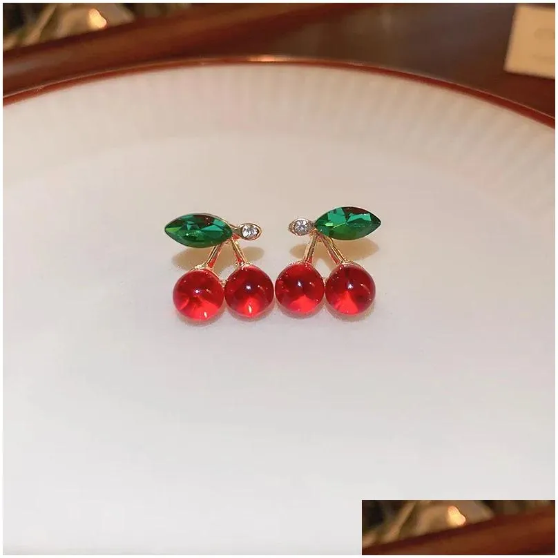 Stud Earrings Sweet Rhinestone Glass Cherry Fruit For Women Girl Exquisite Versatile Fashion Accessories