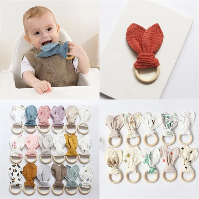 Party Favor 29 colors Bunny Ear Teether Fabric Wooden Teething Ring With Crinkle Material Shower Gift T9I002298