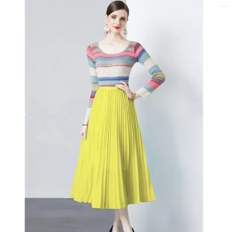 Work Dresses Spring Fall Elegant 2 Piece Set Women Casual Long Sleeve Hit Color Striped Knit Tshirt Chiffon Pleated MIdi Skirt Suits