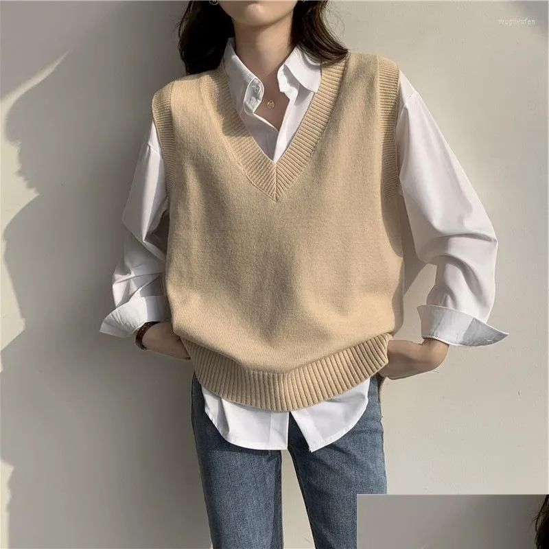 Women`s Sweaters Women`s Sweater Vest For Women V-Neck Solid Sueter Simple Slim All-Match Casual Korean Style Teens Chic Autumn Winter