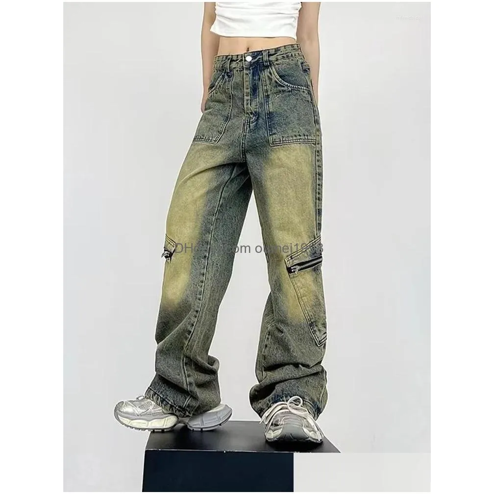 Men`S Jeans Mens American High Street Yellow Mud Dyed Denim Trousers Trend Retro Water Washing Straight Pants Loose Men And Drop Deli Dhklz