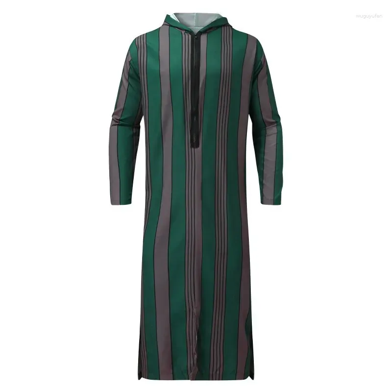 Ethnic Clothing Muslim Men Striped Robe Hooded Jubba Thobe Islamic Adults Kamis Homme Musulman Dubai Turkey Male Abaya Dress Saudi