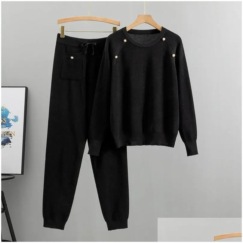 Women`s Two Piece Pants 2023 Autumn Elegant Sweet 2 Pieces Set Knitted Long Sleeve Pullovers Sweater Casual Fashion Women Tops And