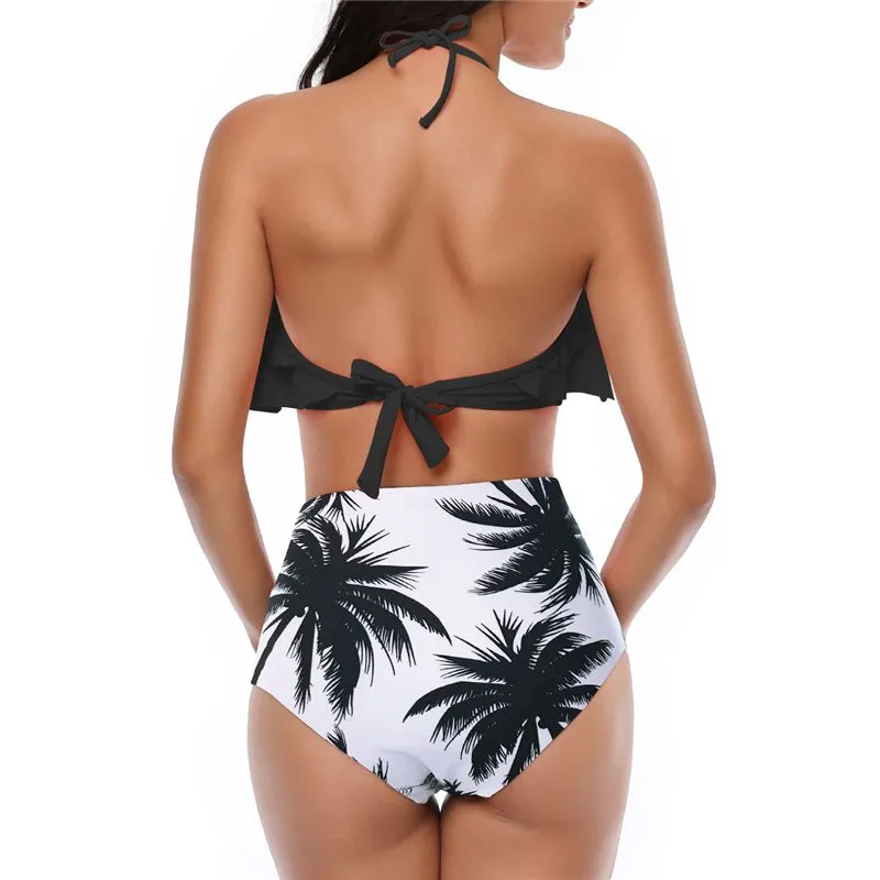 New Summer Women High Waisted Off Shoulder Ruffled Flounce Crop Bikini Flounce Top Bathing Suits Swimsuit Water Sports Beach