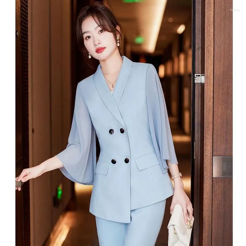 Women`s Two Piece Pants Suit Set 2023 Early Autumn Double Breasted Ruffle Sleeve Jacket Straight Leg 2ps Fashion Commute Professional