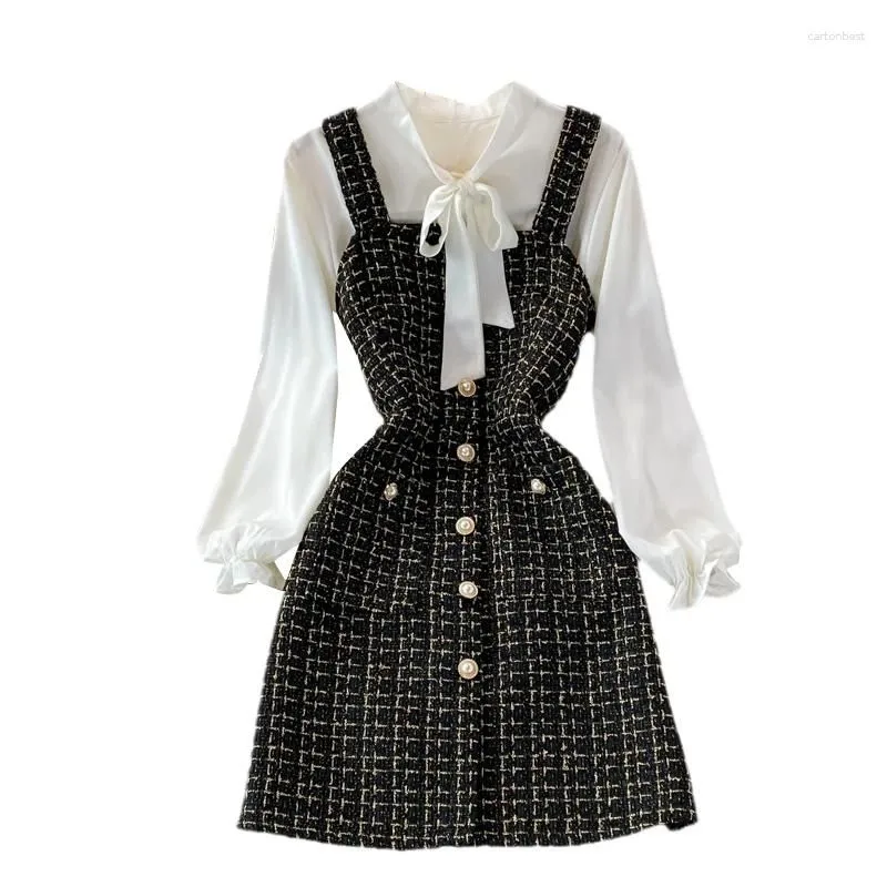 Work Dresses 2023 Spring Autumm Two Piece Set Women Emperament Bow Tie Shirt Tweed Plaid Suspender Dress Sets Tide Outfits For FCY474
